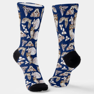 Owls Moths Full Moon On Dark Blue Socken