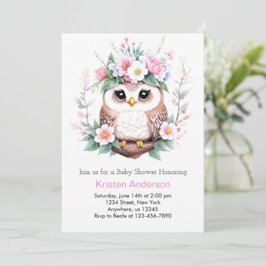 Owl's verzauberte Woodland Pink Girl Baby Dusche Einladung (Stehend Vorderseite)