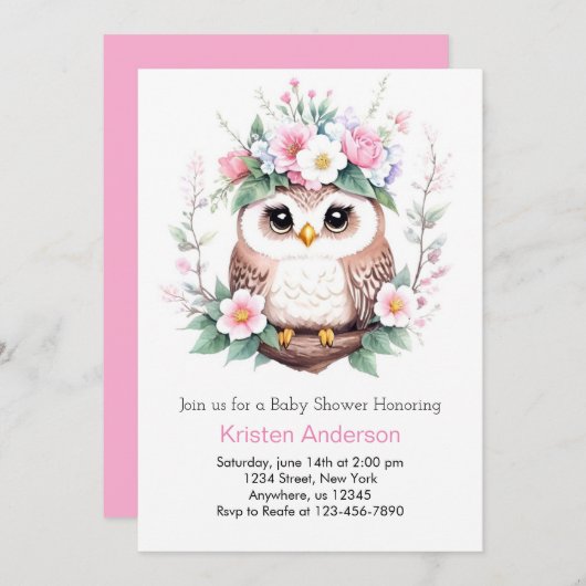 Owl's verzauberte Woodland Pink Girl Baby Dusche Einladung (Vorne/Hinten)