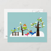 Owls Vögel Winter Schnee Niedlicher Baum Cartoon Postkarte (Vorne/Hinten)