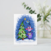 Owls Weihnachtsblau Feiertagspostkarte (Stehend Vorderseite)