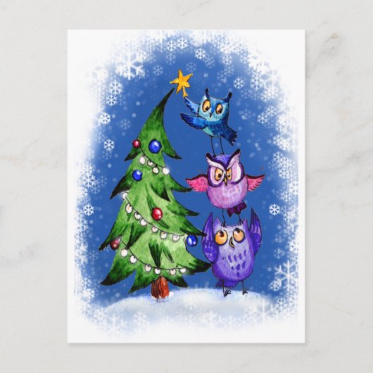 Owls Weihnachtsblau Feiertagspostkarte (Vorderseite)
