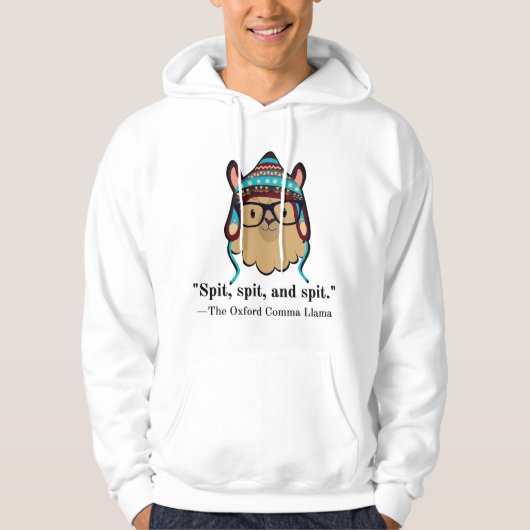 Oxford comma llama grammar nerd black text spit hoodie (Vorderseite)