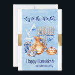 Oy to World Blue Gold Hanukkah Feiertagskarte<br><div class="desc">Dieses Design entstand durch digitale Kunst und kann in dem Bereich personalisiert sein, der durch das Ändern des Fotos und/oder Textes zur Verfügung gestellt wird. Oder Sie können es anpassen, indem Sie den Mausklick auswählen, um weitere Optionen anzupassen, um die Farbe des Hintergrunds zu löschen oder zu ändern, Text hinzuzufügen,...</div>
