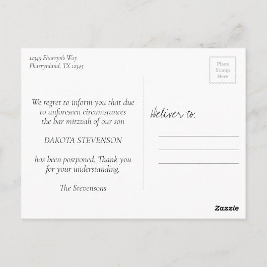 Oy Vey Script | Blau und Grau Postpone Bar Mitzvah Postkarte (Rückseite)