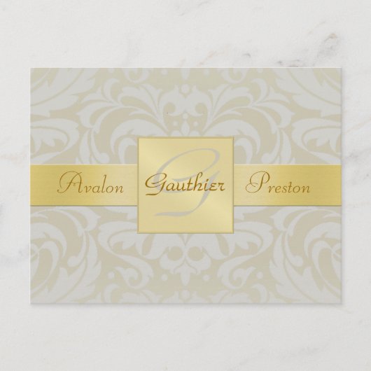 Oyste Damask Gold Monogram Save the Date Postkarte (Vorderseite)