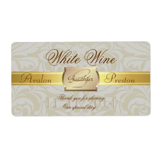 Oyster Damask Gold Monogram Wedding Wine Label (Vorne)