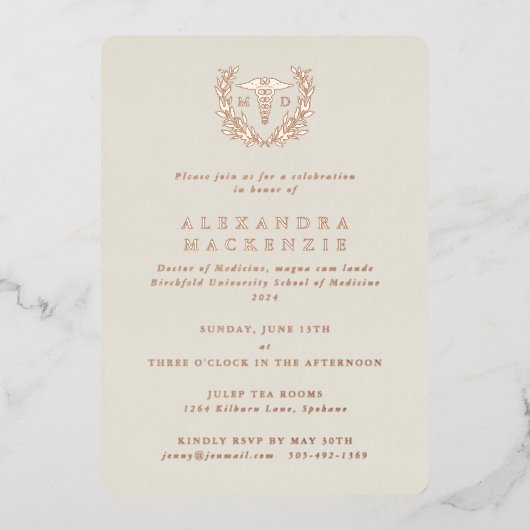 Oyster MD Caduceus+Laurel Wreath Abschluss Folieneinladung (Vorderseite)