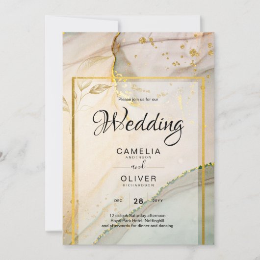 Oyster Pearl Gold WEDING Alkoholtink Abstrakt Einladung (Vorderseite)