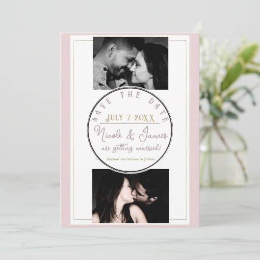 Oyster Pink & Gold Moderne Minimal Save the Date (Stehend Vorderseite)