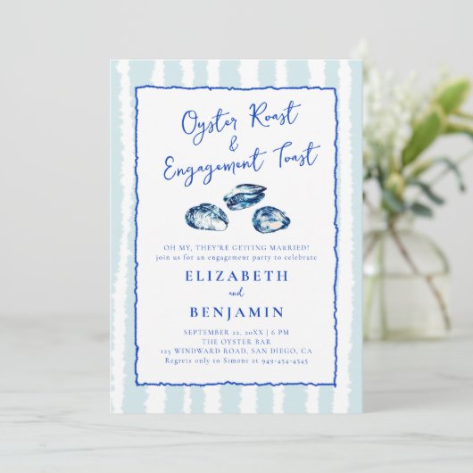 Oyster Roast Blue Stripes Moderne Engagement Party Einladung (Stehend Vorderseite)