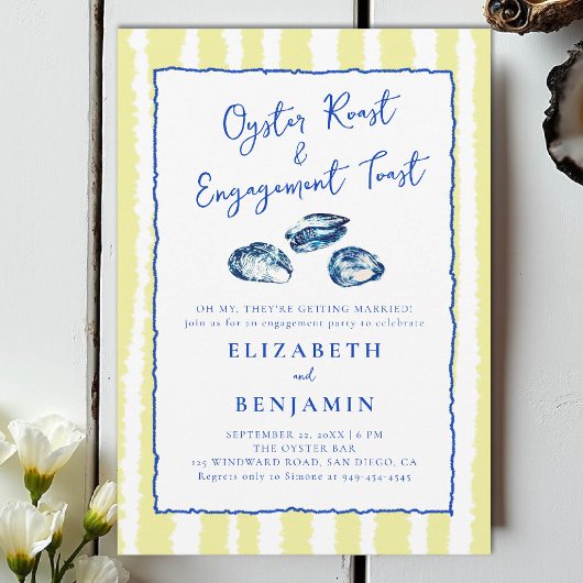 Oyster Roast Blue Yellow Stripes Engagement Party Einladung