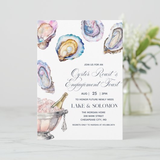 Oyster Roast & Champagne Verlobung Einladung (Stehend Vorderseite)