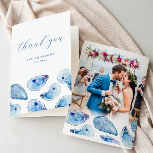 Oyster Watercolor Beach Hochzeitsgefaltetes Foto Dankeskarte