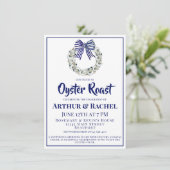 Oyster Wreath Blue Striped Ribbon Engagement  Einladung (Stehend Vorderseite)