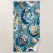 Oysters Clams Seashells Muster Blau Strandtuch (Vorderseite)