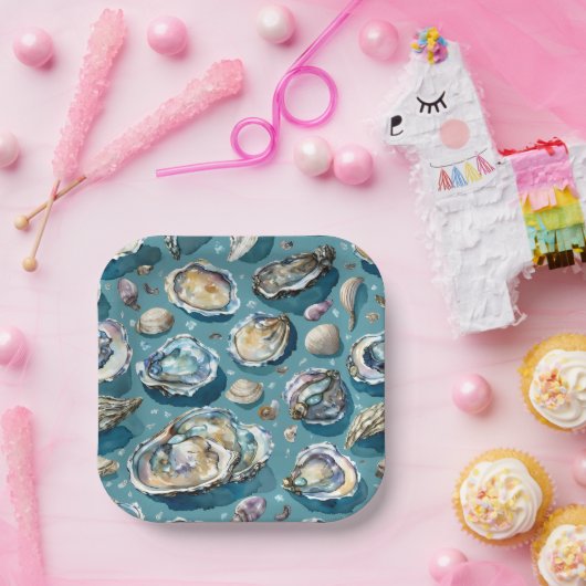 Oysters Clams Seashells Pattern Pappteller (Party)