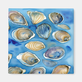 Oysters Clams Seashells Watercolor Blue Magnet