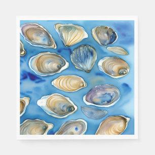 Oysters Clams Seashells Watercolor Blue Serviette