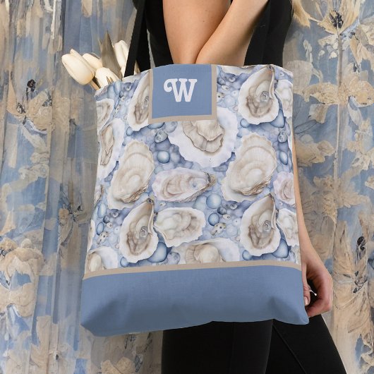 Oysters Delight Blue Gray Tan und Monogram Initial Tasche