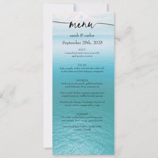 Ozean-Aquarell-Strand-Script-Hochzeitsmenü Einladung (Vorderseite)