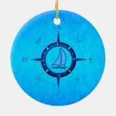 Ozean-Blau-Segelboot und Kompass-Rose Keramikornament (Hinten)
