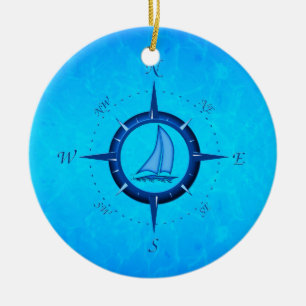 Ozean Blau Segelboot und Kompassrose Keramikornament