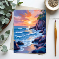 Ozean-Bucht-Sonnenuntergang | Wasserfarbe Stranduf