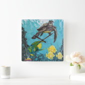 Ozean mit Meeresschildkröten und Fisch-Wanduhr Quadratische Wanduhr (Zuhause)