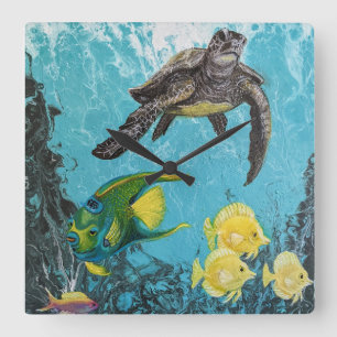 Ozean mit Meeresschildkröten und Fisch-Wanduhr Quadratische Wanduhr