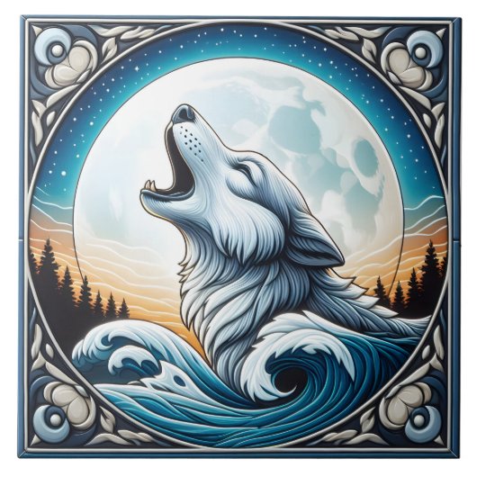 Ozean & Mond Hintergrund mit Wolf-Fliesendesign Fliese (Vorderseite)