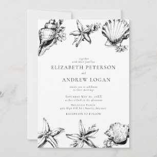 Ozean Muschel Modern Minimal Schwarz Weiß Hochzeit Einladung