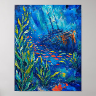 ozean pflanzen fische gesunkenes schiff Abstrakte  Poster