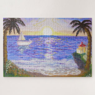 Ozean-Sonnenaufgang, Küstenlandschaft, Yacht- und  Puzzle