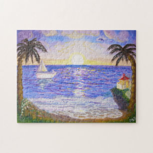 Ozean-Sonnenaufgang, Küstenlandschaft, Yacht- und Puzzle