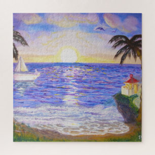 Ozean-Sonnenaufgang, Küstenlandschaft, Yacht- und  Puzzle