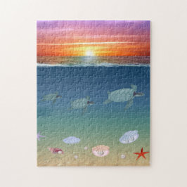 Ozean-Sonnenaufgang, Meeresschildkröten, Sterne, M Puzzle