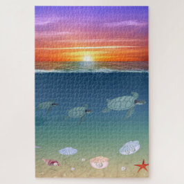 Ozean-Sonnenaufgang, Schildkröten, Sterne, Muschel Puzzle
