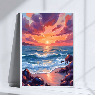 Ozean-Sonnenuntergang-Aquarell-Strand-Küsten Poster