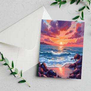 Ozean-Sonnenuntergang-Aquarell-Strand-Küstenkarte