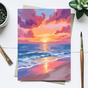 Ozean-Sonnenuntergang-Aquarell-Wellen-Meer-Malerei Postkarte