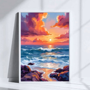 Ozean-Sonnenuntergang Pastell-Aquarell-Strandbild Poster