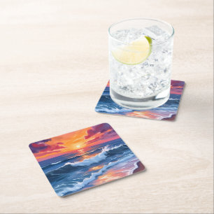 Ozean-Sonnenuntergang-Strand-Wellen-Aquarell Rechteckiger Pappuntersetzer