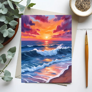Ozean-Sonnenuntergang-Strand-Wellen-Watercolor-Kar