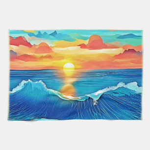 Ozean-Sonnenuntergangs-Wellen-Kunst Geschirrtuch