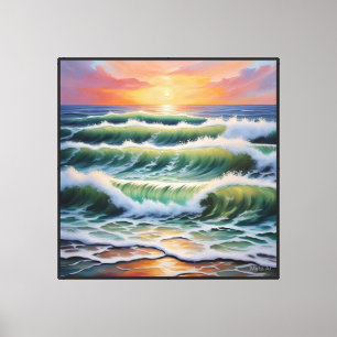 Ozean-Sonnenuntergangs-Wellen mit goldenen Reflexi Leinwanddruck