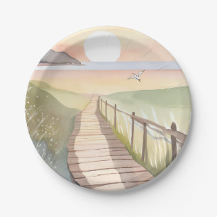 Ozean-Spaziergang Gelber Sonnenuntergang Aquarel Pappteller