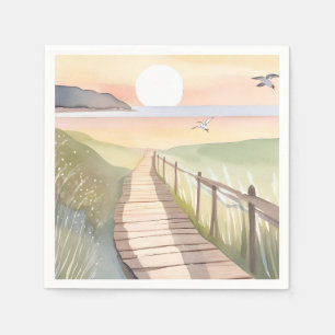Ozean-Spaziergang   Gelber Sonnenuntergang Aquarel Serviette