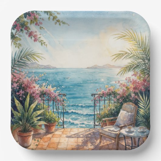 Ozean-Terrasse mit friedlicher Aussicht Pappteller (Vorderseite)