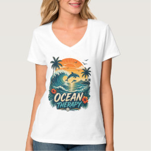 Ozean-Therapie Retro Tropischer Strand & Delfin T-Shirt